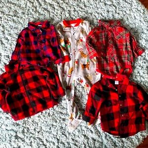 Christmas lot Buffalo check and plaid shirts/jacket/ Santa dog coverall pjs 12mo